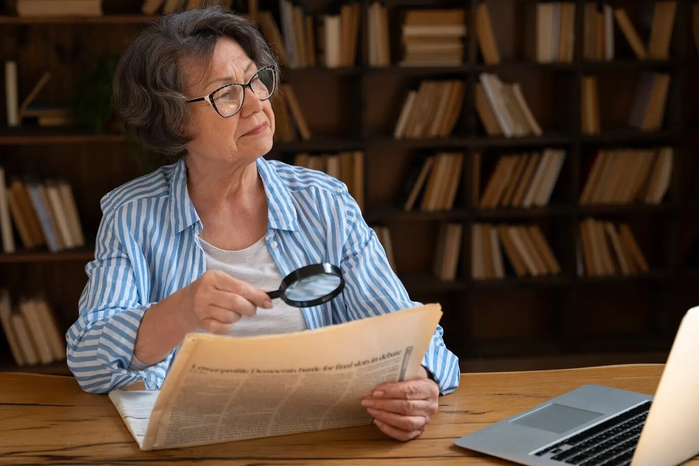Medium shot of an elderly woman in a library