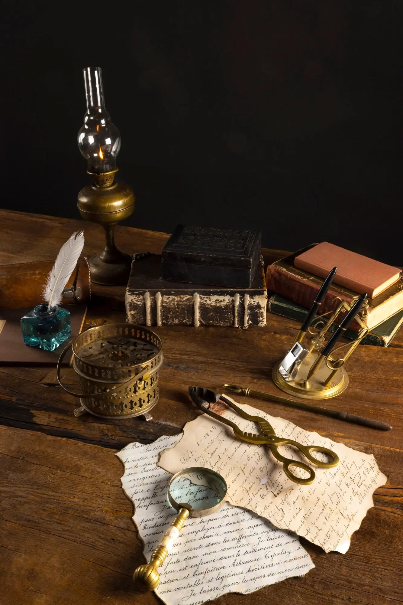 Still life featuring an arrangement of pirate artifacts.