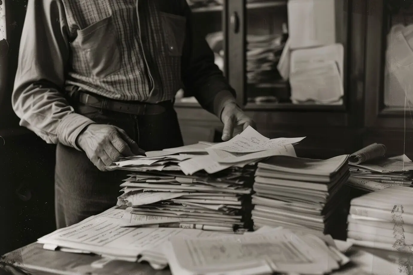 Monochromatic portrait of a retro man performing household duties and chores